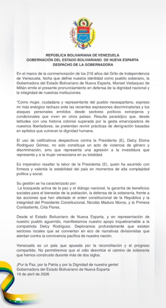 Gobernadora Marisel Velásquez rechaza agresiones contra la Presidenta (E) Delcy Rodríguez