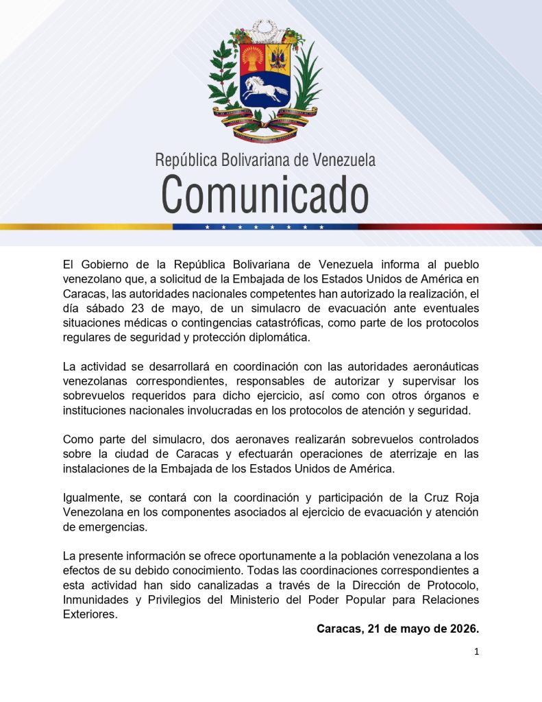 Venezuela autoriza simulacro de evacuación médica en la Embajada de EE.UU. en Caracas