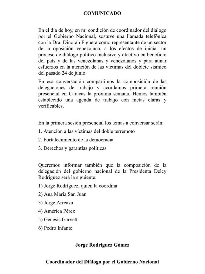 Jorge Rodríguez anuncia equipo para el diálogo
